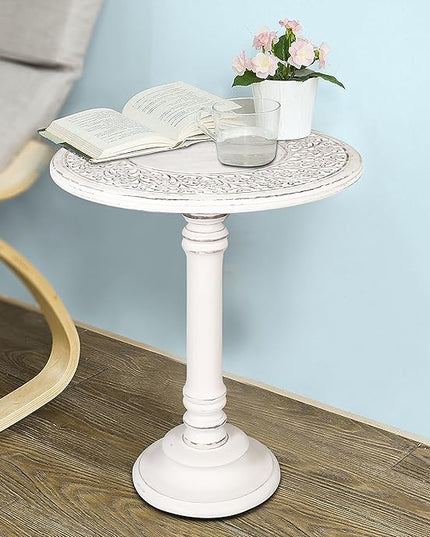 Side Table,Round End Table,Small Table,Side Tables Living Room,End Table,Round Side Table,Altar Table, Carved Side Table,Wood Accent Table,Carved Wood Table Single Pillar 18x22 inch White Antique - LeafyLoom