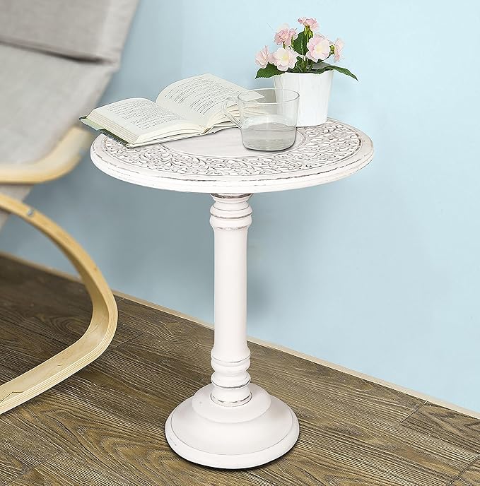 Side Table,Round End Table,Small Table,Side Tables Living Room,End Table,Round Side Table,Altar Table, Carved Side Table,Wood Accent Table,Carved Wood Table Single Pillar 18x22 inch White Antique - LeafyLoom