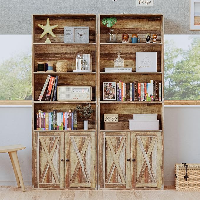IRONCK Industrial Bookshelves and Bookcases with Doors Floor Standing 6 Shelf Display Storage Shelves 70 in Tall Bookcase for Home Office, Living Room - LeafyLoom