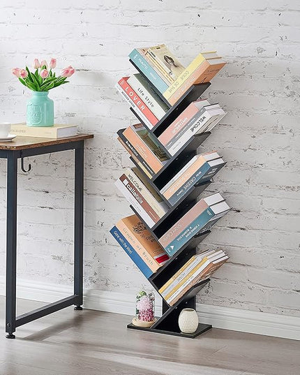 Hoctieon 10 Tier Tree Bookshelf, 10 Shelf Bookcase, Free Standing Tree Bookcase, Display Floor Standing Shelf for Books, Book Organizer Shelves for Home Office, Living Room, Bedroom, Black - LeafyLoom