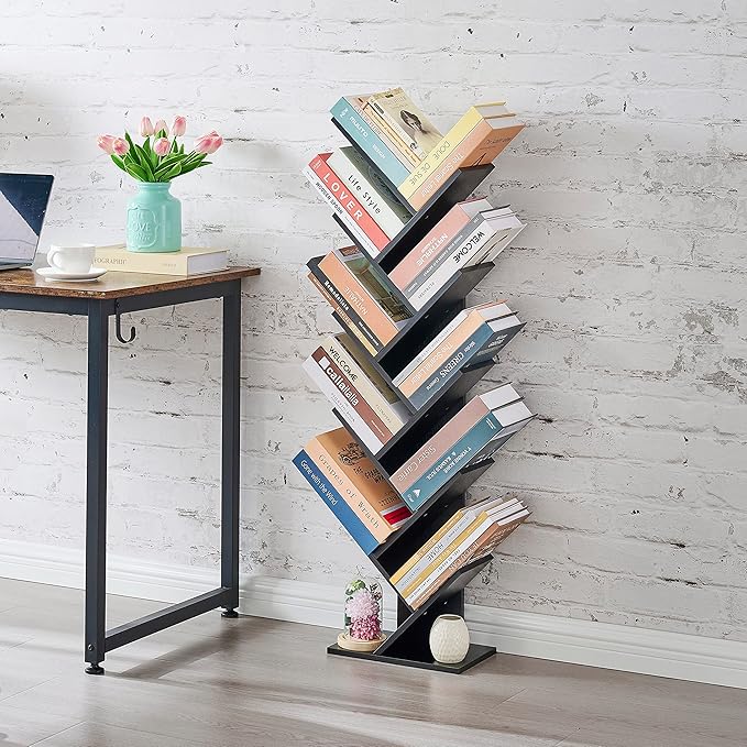 Hoctieon 10 Tier Tree Bookshelf, 10 Shelf Bookcase, Free Standing Tree Bookcase, Display Floor Standing Shelf for Books, Book Organizer Shelves for Home Office, Living Room, Bedroom, Black - LeafyLoom