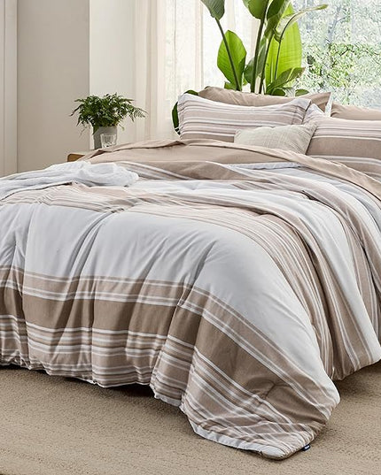 Bedsure Brown Twin Size Comforter Sets 5 Pieces - Striped Beddding sets, Bed in a Bag Twin with Comforter, Fitted Sheet, Flat Sheet, Pillowcase & Shams - LeafyLoom