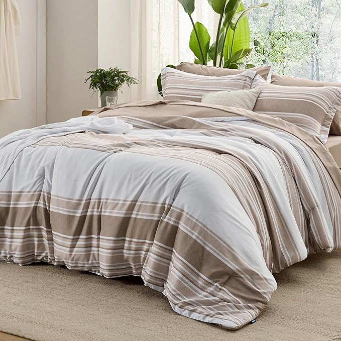 Bedsure Brown Twin Size Comforter Sets 5 Pieces - Striped Beddding sets, Bed in a Bag Twin with Comforter, Fitted Sheet, Flat Sheet, Pillowcase & Shams - LeafyLoom