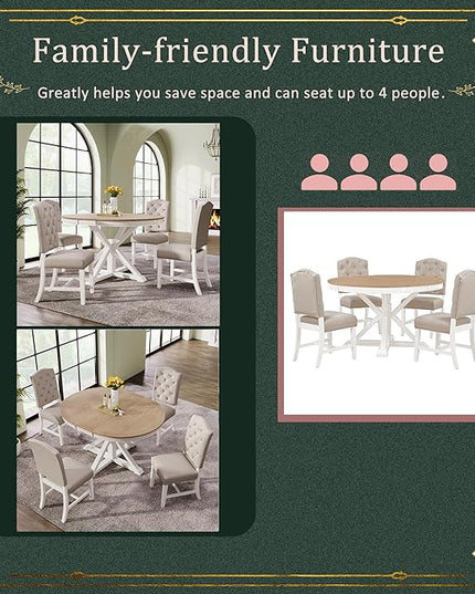 5-Piece Retro Style Dinette Sets with Round Extendable Kitchen Dining Table, 4 Upholstered Chairs, for Diningroom Living Room, Easy to Assemble, Oak Natural Wood + OFF White - LeafyLoom