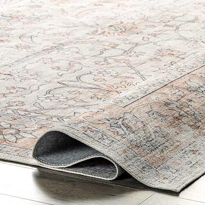 nuLOOM Marlena Faded Floral Machine Washable Ultra Thin Area Rug, 8' x 10', Peach - LeafyLoom