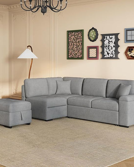 Convertible Sleeper Sectional Sofa with Pull Out Bed and Movable Ottoman, L Shaped Reversible Couch with Hidden Arm Storage & USB Charge, 4 Seat Corner Sofa&Couches for Living Room, Gray 87.4" - LeafyLoom