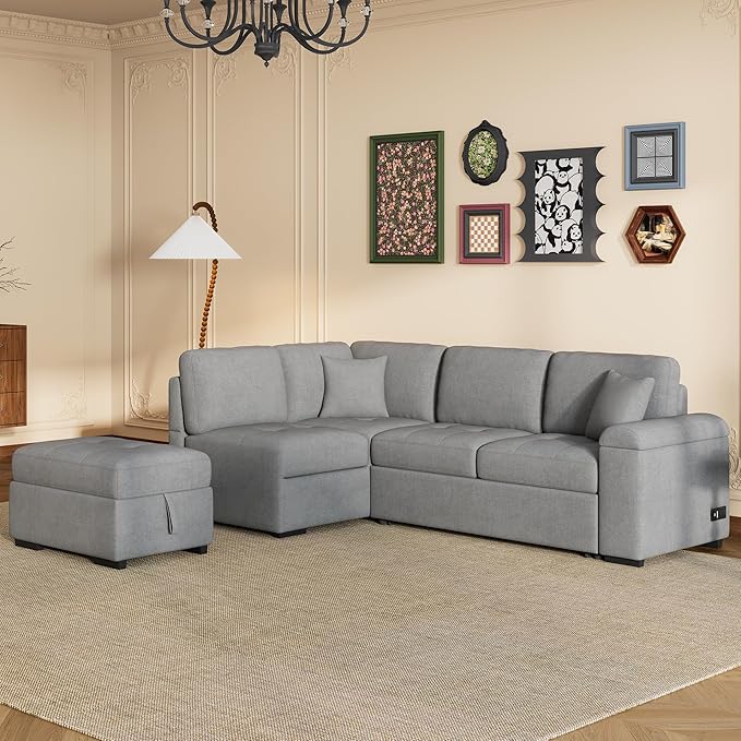 Convertible Sleeper Sectional Sofa with Pull Out Bed and Movable Ottoman, L Shaped Reversible Couch with Hidden Arm Storage & USB Charge, 4 Seat Corner Sofa&Couches for Living Room, Gray 87.4" - LeafyLoom