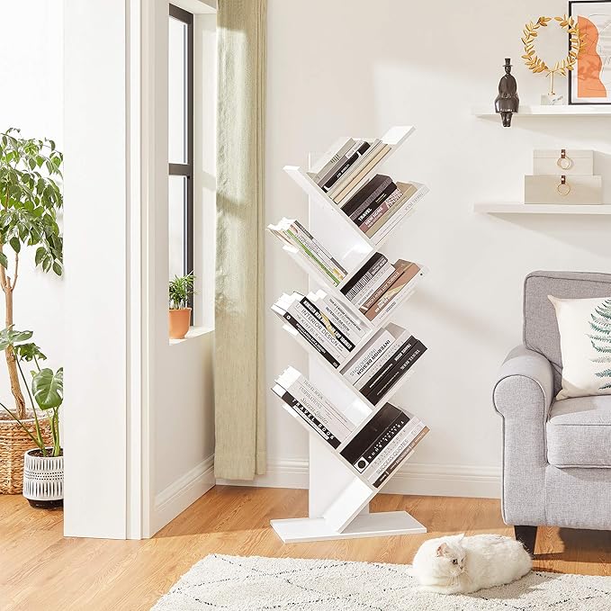 VASAGLE Tree Bookshelf, 9-Tier Bookcase, Large Bookshelf, Space-Saving Corner Shelf, Book Tree, Holds Books, CDs, Games, for Bedroom, Living Room, Home Office, Cloud White ULBC11WTV1 - LeafyLoom