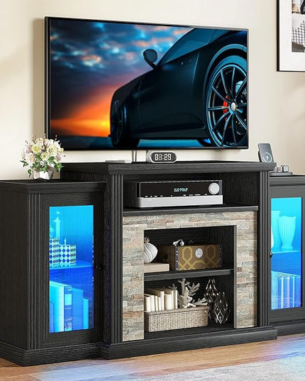 YITAHOME Modern TV Stand for up to 65 Inch TVs, Entertainment Center with LED Lights and Power Outlets, Farmhouse TV Cabinet Media Console Table with Glass Doors for Living Room, Black, 59 Inch - LeafyLoom
