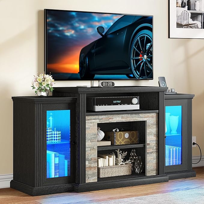 YITAHOME Modern TV Stand for up to 65 Inch TVs, Entertainment Center with LED Lights and Power Outlets, Farmhouse TV Cabinet Media Console Table with Glass Doors for Living Room, Black, 59 Inch - LeafyLoom