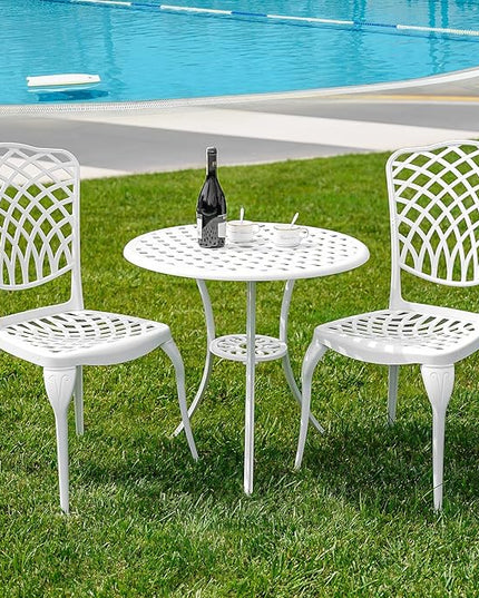 3 Piece Outdoor Bistro Set, Cast Aluminum Bistro Table and Chairs, Rust-Resistant Patio Furniture Set, White Bistro Set 3 Piece Outdoor for Garden, Backyard, Balcony - LeafyLoom