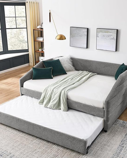 Linen Upholstered Full Size Daybed with Trundle, Solid Wooden Sofa Bedframe w/Pull Out Bed and Tufted Decorate, No Box Spring Needed, for Kids, Bedroom, Dorm - LeafyLoom