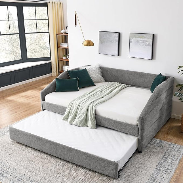 Linen Upholstered Full Size Daybed with Trundle, Solid Wooden Sofa Bedframe w/Pull Out Bed and Tufted Decorate, No Box Spring Needed, for Kids, Bedroom, Dorm - LeafyLoom