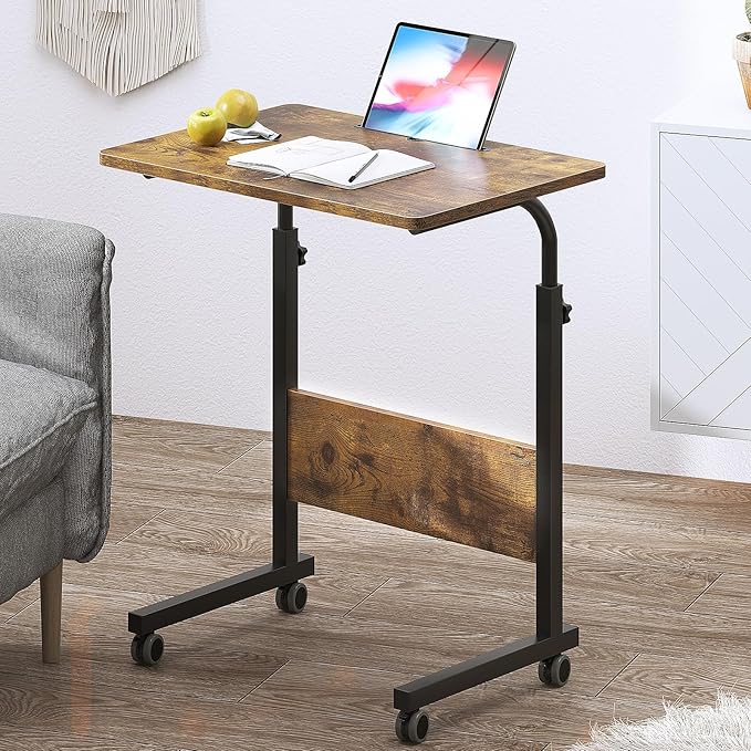 SogesPower 23.6 inches Mobile Laptop Desk Adjustable Height Stand Side Table with Wheels Workstation Laptop Computer Stand Bedside Table Portable Side Table for Bed Sofa,Mobile End Desk,Vintage - LeafyLoom