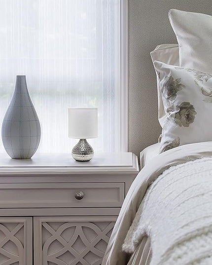 Simple Designs LT2073-SVW Mini Hammered Texture Silver Drip Table Lamp with White Shade - LeafyLoom