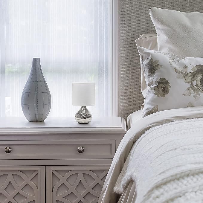 Simple Designs LT2073-SVW Mini Hammered Texture Silver Drip Table Lamp with White Shade - LeafyLoom