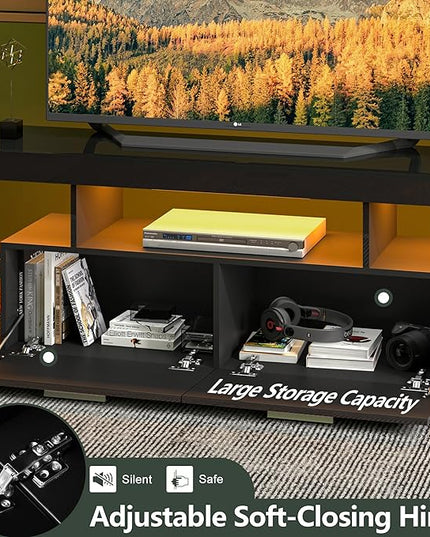 Clikuutory Modern LED 63 inch Long TV Stand with Large Storage Drawer for 50 55 60 65 70 75 Inch TVs, Black Wood TV Console with High Glossy Entertainment Center for Living Room, Bedroom, Black - LeafyLoom