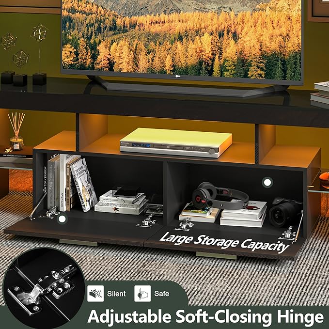 Clikuutory Modern LED 63 inch Long TV Stand with Large Storage Drawer for 50 55 60 65 70 75 Inch TVs, Black Wood TV Console with High Glossy Entertainment Center for Living Room, Bedroom, Black - LeafyLoom