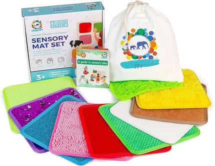 Sensory Mat Set - 9 Square 8.6-Inch Sensory Tiles for Sensory Wall, Floor & More - Mixed Colors & Textures Provide Fun Play-Based Learning for Kids Ages 3-8 - Includes Sensory Maze & Storage Bag - LeafyLoom