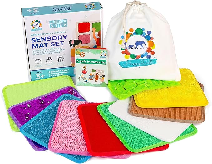 Sensory Mat Set - 9 Square 8.6-Inch Sensory Tiles for Sensory Wall, Floor & More - Mixed Colors & Textures Provide Fun Play-Based Learning for Kids Ages 3-8 - Includes Sensory Maze & Storage Bag - LeafyLoom