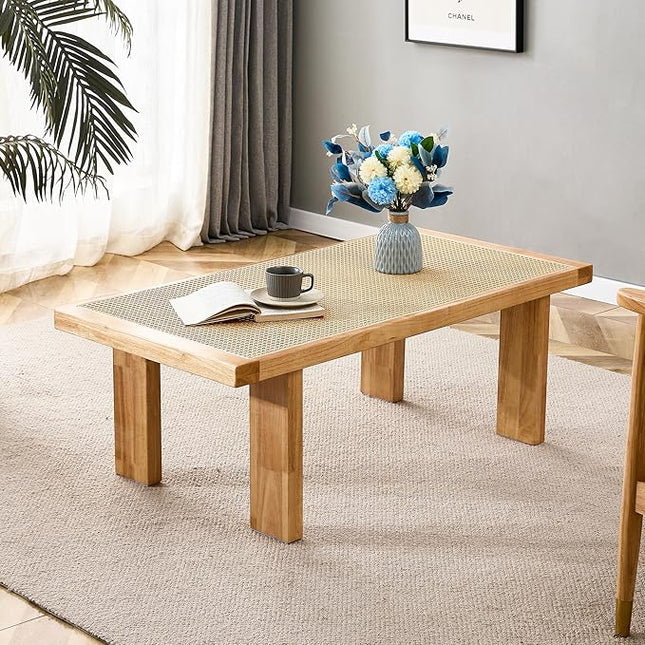 47.24'' Modern Rattan Coffee Table Imitation Rattan Tabletop with Rubber Wooden Legs Rectangle Coffee Tea Table for Living Room Dining Room - LeafyLoom
