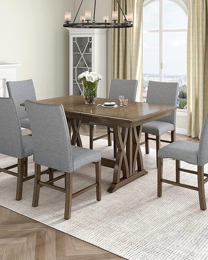 60 Inch Dining Table Set for 6, Mid-Century Solid Wood Extendable Dining Table with Upholstered Chairs and 12" Leaf, Kitchen Table Set for Living Room, Golden Brown+Grey - LeafyLoom