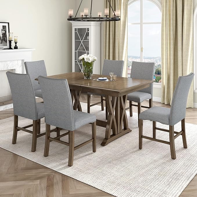 60 Inch Dining Table Set for 6, Mid-Century Solid Wood Extendable Dining Table with Upholstered Chairs and 12" Leaf, Kitchen Table Set for Living Room, Golden Brown+Grey - LeafyLoom