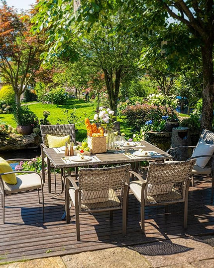 Pamapic 8504 Patio Dining 7 Piece, Outdoor Wicker Furniture Set for Backyard Garden Deck Poolside/Iron Slats Table Top, Removable Cushions, 7 Pack, Beige - LeafyLoom