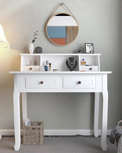 DMAITH Writing Desk with Hutch, 32 Inch Home Office Desk with Drawers, Study Table Computer Desk for Student, Makeup Dressing Table for Bedroom - LeafyLoom