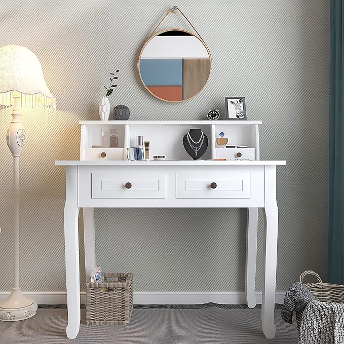 DMAITH Writing Desk with Hutch, 32 Inch Home Office Desk with Drawers, Study Table Computer Desk for Student, Makeup Dressing Table for Bedroom - LeafyLoom