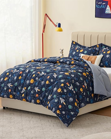 Twin Space Bedding Sets for Boys, 2 Pieces Kids Twin Comforter Sets, Super Soft Lightweight for All Seasons, Includes 1 Comforter (66"x86") and 1 Pillowcase (20"x26"+2") - LeafyLoom