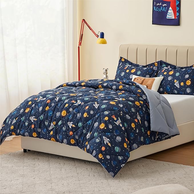 Twin Space Bedding Sets for Boys, 2 Pieces Kids Twin Comforter Sets, Super Soft Lightweight for All Seasons, Includes 1 Comforter (66"x86") and 1 Pillowcase (20"x26"+2") - LeafyLoom