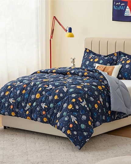 Queen Space Bedding Sets for Boys, 3 Pieces Kids Queen Comforter Sets, Super Soft Lightweight for All Seasons, Includes 1 Comforter (88"x88") and 2 Pillowcase (20"x26"+2") - LeafyLoom