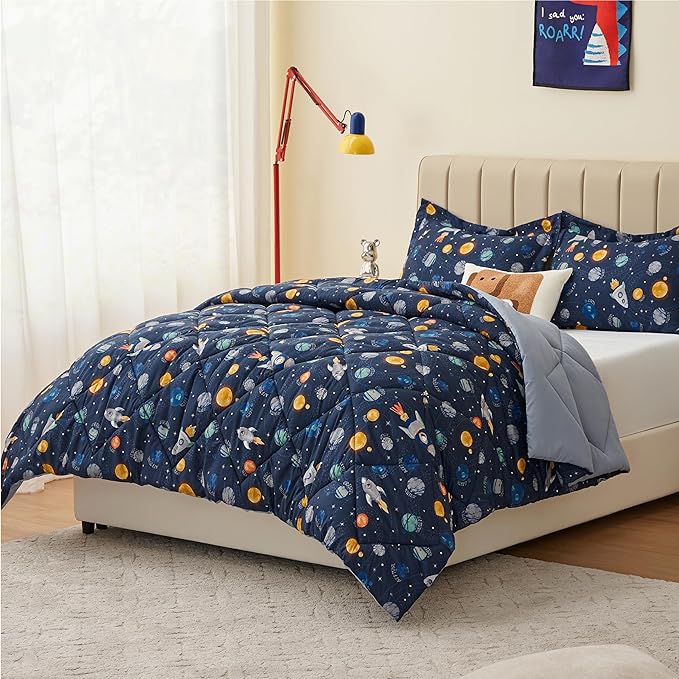 Queen Space Bedding Sets for Boys, 3 Pieces Kids Queen Comforter Sets, Super Soft Lightweight for All Seasons, Includes 1 Comforter (88"x88") and 2 Pillowcase (20"x26"+2") - LeafyLoom