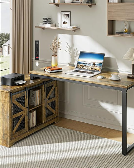 Rustic Corner Desk with Storage, L Shaped Farmhouse Office Desk with Sufficient Storage Capacity, Built-in Power Socket and Barn Door Design - LeafyLoom