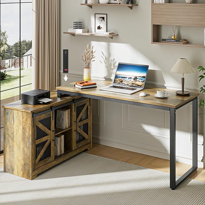Rustic Corner Desk with Storage, L Shaped Farmhouse Office Desk with Sufficient Storage Capacity, Built-in Power Socket and Barn Door Design - LeafyLoom