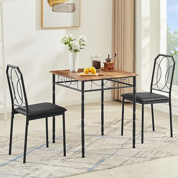 VECELO 3 Pieces Sets,43.3" Table&Chairs for 2,Industrial Counter Height Tabletop with Bar Stools, Rectangle Breakfast Chairs, Living Room, Apartment, Dining Table for 2, Brown - LeafyLoom