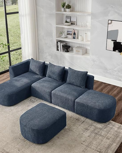 113" L-Shape Sectional Side Chaise and Ottoman, Modular Sofa, DIY Combination, Loop Yarn Fabric for Living Room, Apartment, 113inch, Blue Left - LeafyLoom