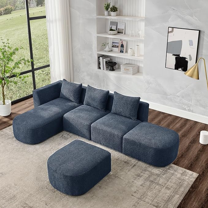 113" L-Shape Sectional Side Chaise and Ottoman, Modular Sofa, DIY Combination, Loop Yarn Fabric for Living Room, Apartment, 113inch, Blue Left - LeafyLoom