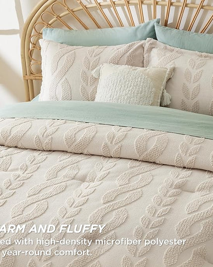 Bedsure King Size Comforter Set Beige, Boho Tufted Bedding Comforter Set, Farmhouse Jacquard Cable Knit Pattern Bed Set, 3 Pieces, 1 Shabby Chic Fluffy Comforter & 2 Pillow Shams - LeafyLoom