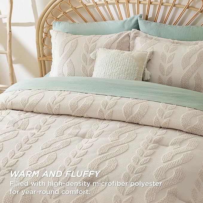 Bedsure King Size Comforter Set Beige, Boho Tufted Bedding Comforter Set, Farmhouse Jacquard Cable Knit Pattern Bed Set, 3 Pieces, 1 Shabby Chic Fluffy Comforter & 2 Pillow Shams - LeafyLoom