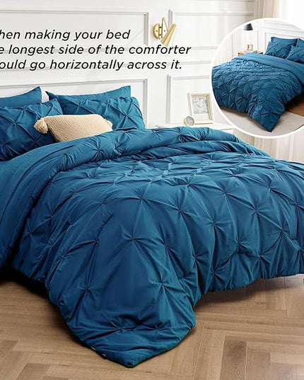 Bedsure California King Comforter Set - Cal King Bed Set 7 Pieces, Pinch Pleat Teal Blue Cali King Bedding Set with Comforter, Sheets, Pillowcases & Shams - LeafyLoom