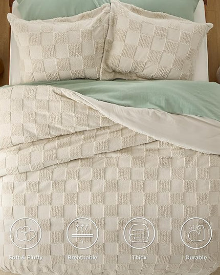 Bedsure Twin/Twin XL Comforter Set Beige, Boho Tufted Bedding Comforter Set, Checkered Farmhouse Shabby Chic Bed Set, 2 Pieces, 1 Plaid Geometric Comforter and 1 Pillow Sham - LeafyLoom