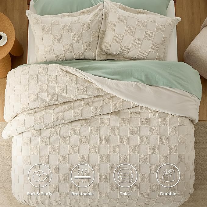 Bedsure Twin/Twin XL Comforter Set Beige, Boho Tufted Bedding Comforter Set, Checkered Farmhouse Shabby Chic Bed Set, 2 Pieces, 1 Plaid Geometric Comforter and 1 Pillow Sham - LeafyLoom