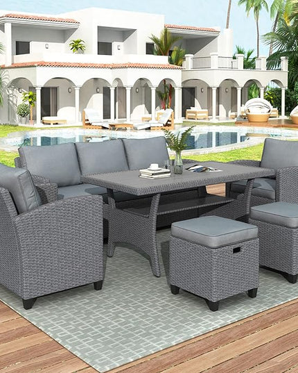 Outdoor Rattan Sectional Sofa with Dining Table, Chairs and Stools for Garden Backyard, 6-Piece Patio Furniture Set All-Weather Wicker Conversation Couch, Onesize, Gray - LeafyLoom