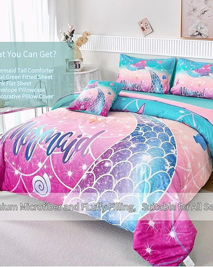 RYNGHIPY Kids Girls Comforter Set 6Pcs, Mermaid Bed in a Bag Queen Size, Fish Tail Print Teens Girls Bedding Set, Rainbow Bedding Collections - LeafyLoom