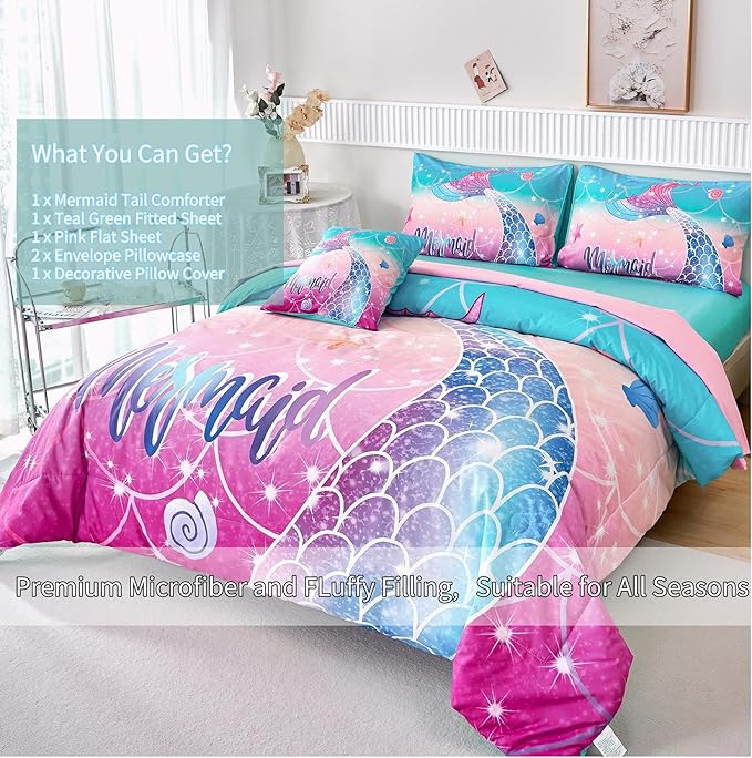 RYNGHIPY Kids Girls Comforter Set 6Pcs, Mermaid Bed in a Bag Queen Size, Fish Tail Print Teens Girls Bedding Set, Rainbow Bedding Collections - LeafyLoom