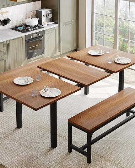 Feonase 63" Dining Table Set for 4-6, Extendable Dining Room Table with 2 Benches, 3 Pcs Kitchen Table for Small Space, Easy Clean, Walnut - LeafyLoom