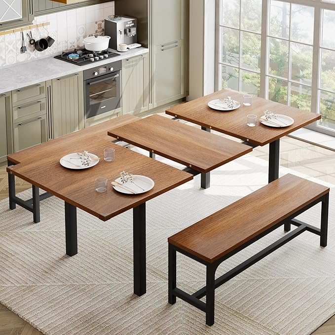 Feonase 63" Dining Table Set for 4-6, Extendable Dining Room Table with 2 Benches, 3 Pcs Kitchen Table for Small Space, Easy Clean, Walnut - LeafyLoom