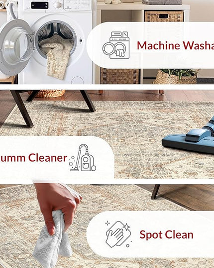 nuLOOM 8 Square Machine Washable Rain Haven Vintage Medallion Area Rug, Light Grey, Traditional Faded Design, Non-Slip Backing, Stain Resistant, For Bedroom, Dining Room, Living Room, Kitchen - LeafyLoom